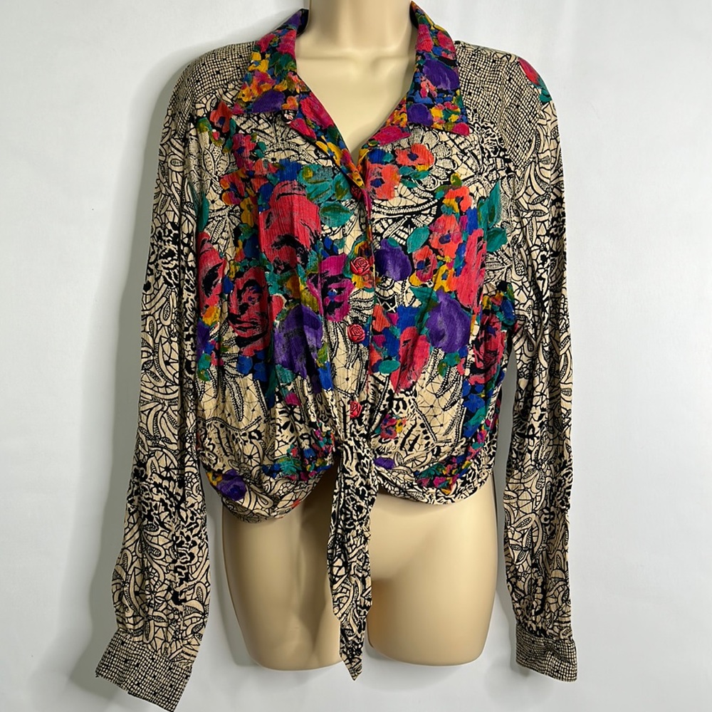 Carole Little petites floral art boho tie front button down long sleeve blouse